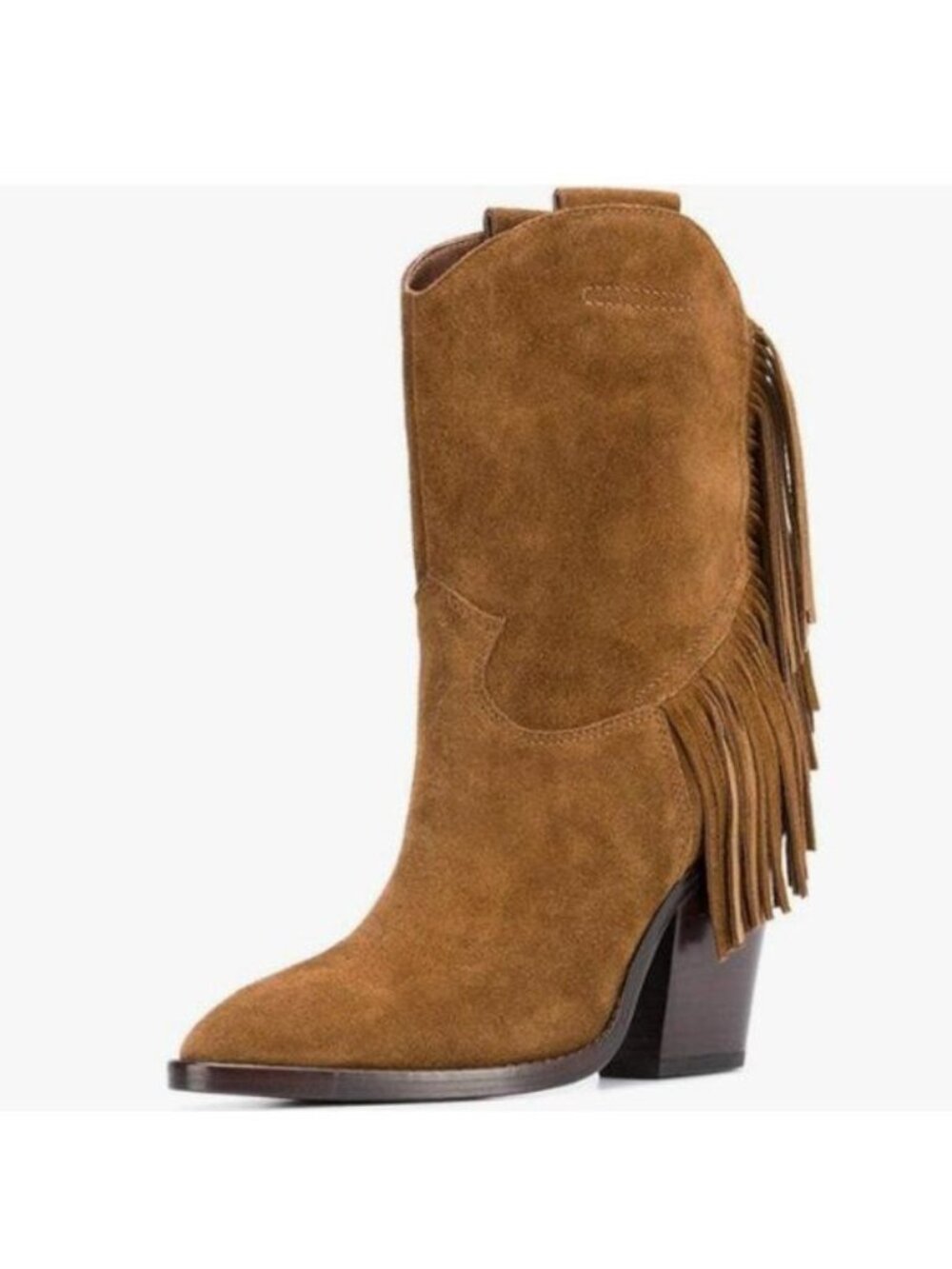 YDN Peru Fringe Pointed Toe Mid Calf Boots Pull On Chunky High Heel Western Shoe